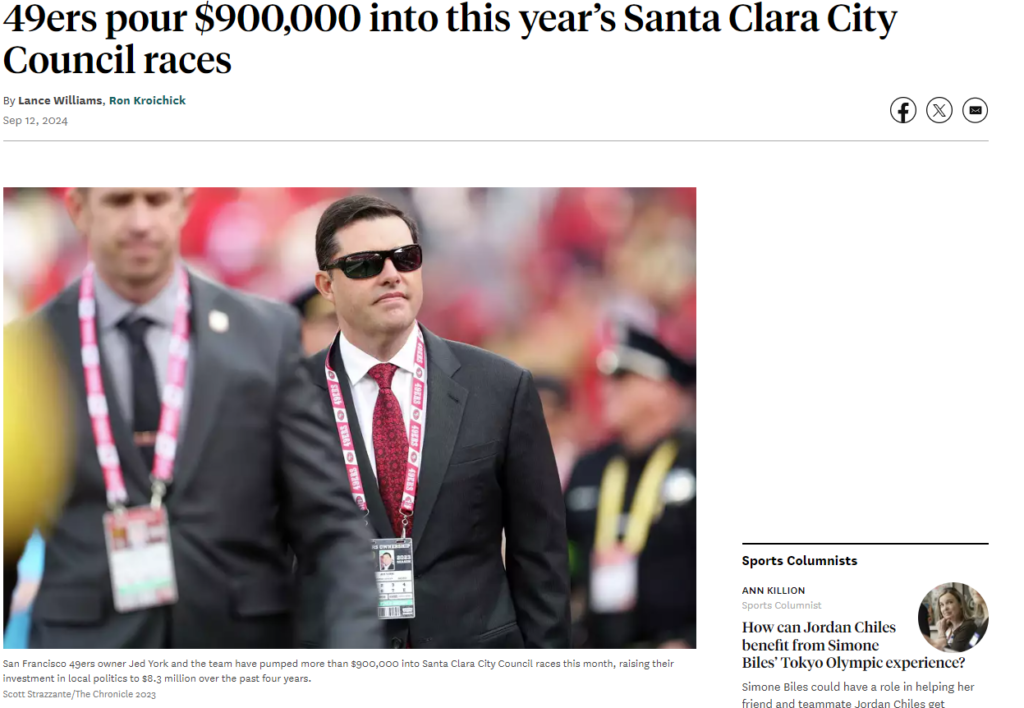 San Francisco Chronicle: 49ers pump $900,000 into this year’s Santa Clara City Council Races
